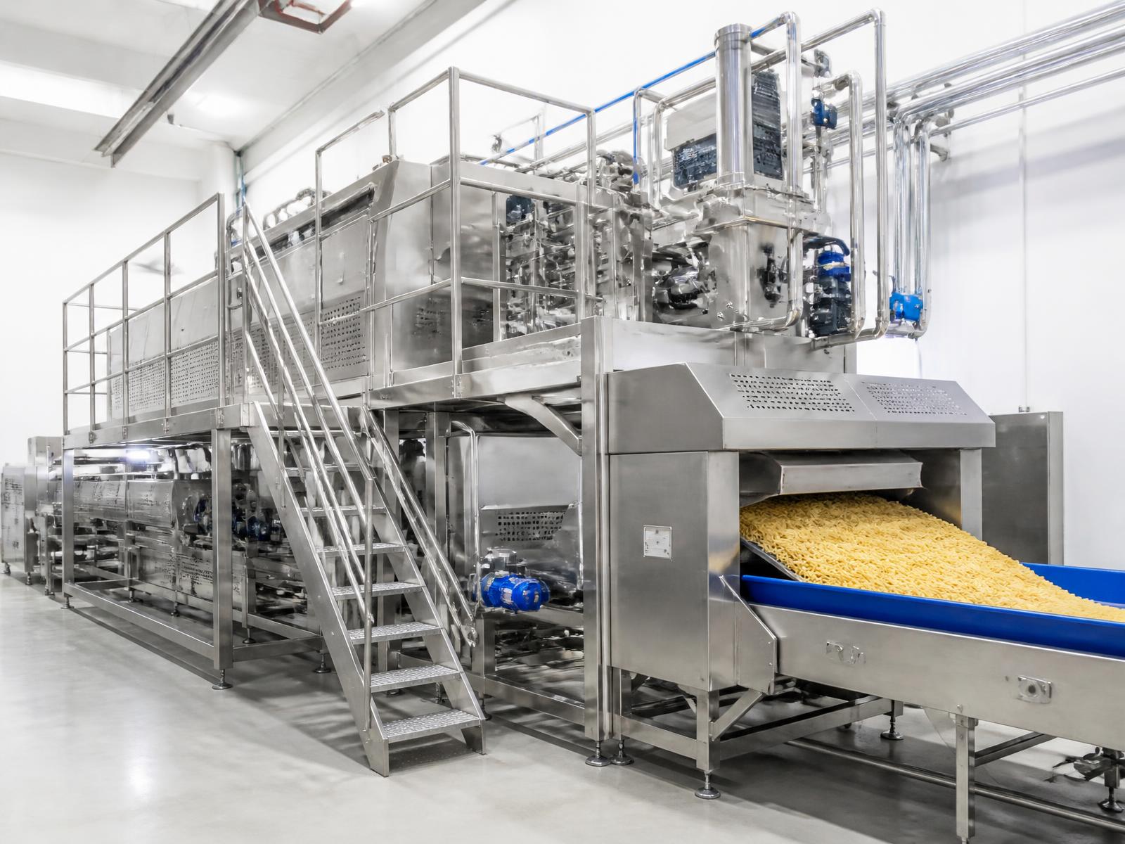 Large automated pasta manufacturing facility with industrial production machinery